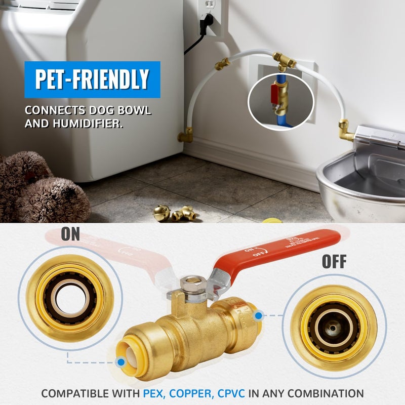 SUNGATOR Ball Valve 1/2 Inch, 1/2" Shut Off Valve, Water Shutoff, No Lead Brass Push-to-Connect Plumbing Fittings for Pex Pipe, Copper, CPVC, with 1 Disconnect Clip, Pack of 2 - Image 4
